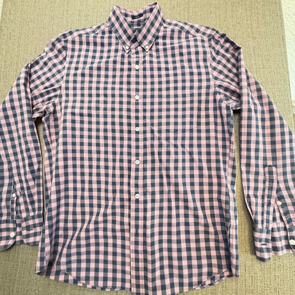 J.Crew Flex Washed Slim Fit Gingham Button Down Shirt Mens Medium Pink Navy